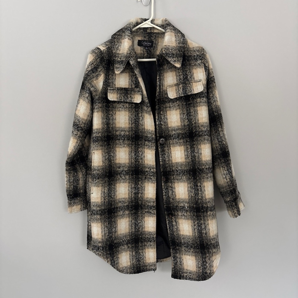 CoffeeShop Black & Cream Plaid Trench Shacket